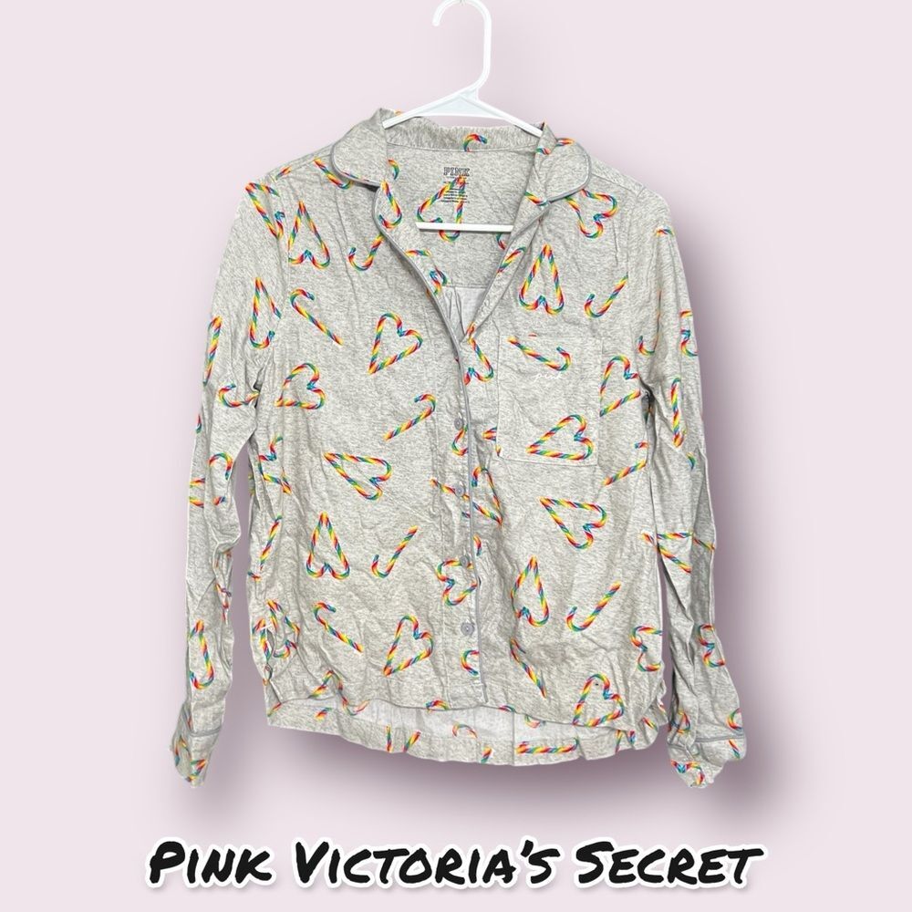 PINK Victoria’s Secret Grey Candy Cane Button-Up Pajama Shirt – Extra Small